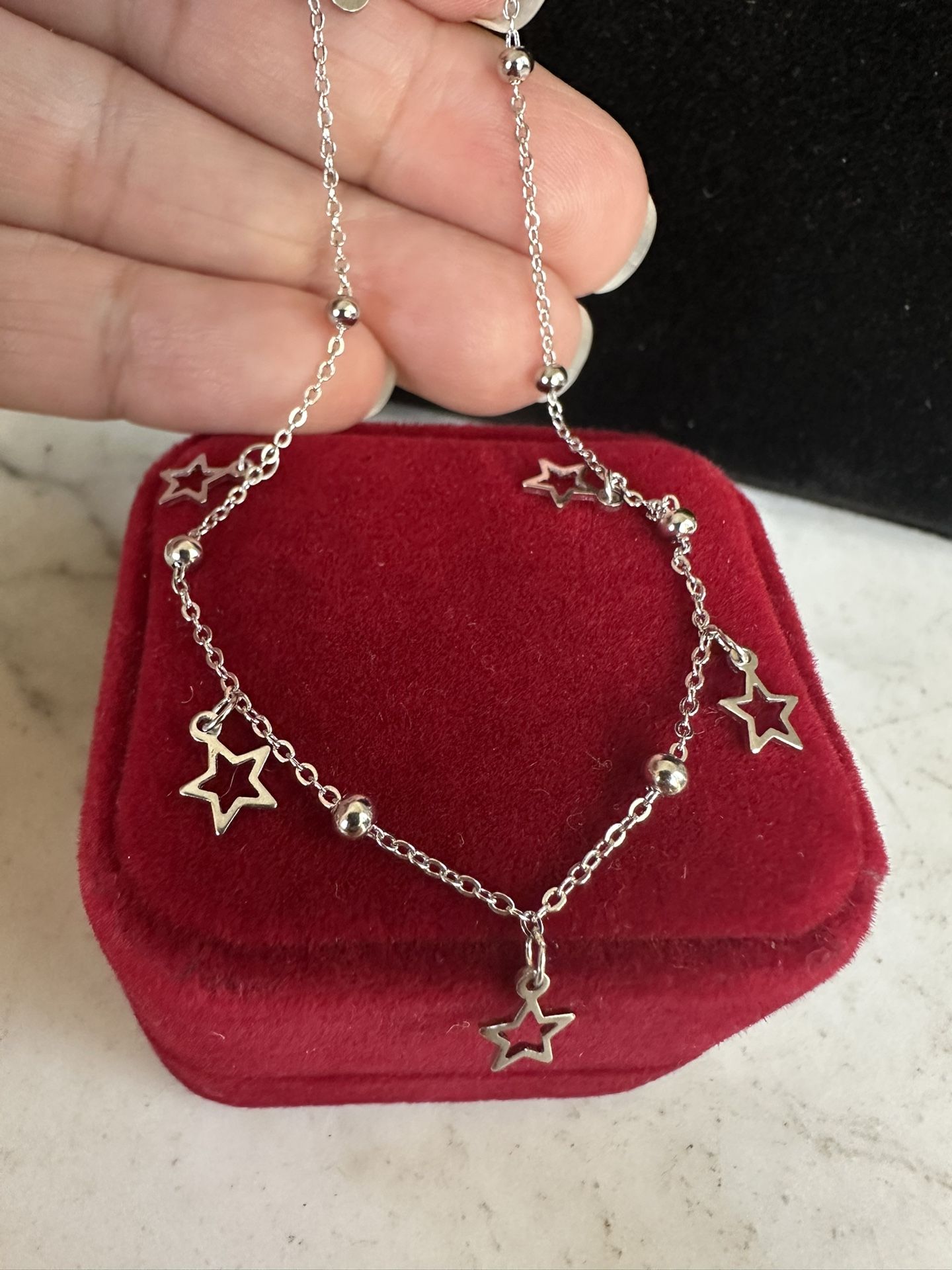 925 Sterling Silver Stars ⭐️ Anklet, 9.5  Total In. W/ Extender, Marked 925 