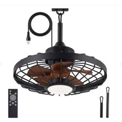 20 in. Outdoor Walnut Waterproof Caged Ceiling Fan Rope Hook Portable Hanging Ceiling Fan with Light - New