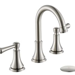 2 Handle 8 inch Widespread Bathroom Sink Faucet Brushed Nickel with Pop-Up Drain, High Arc Modern Bathroom/Vanity/Lavatory Faucet 3 Holes with Brass 3