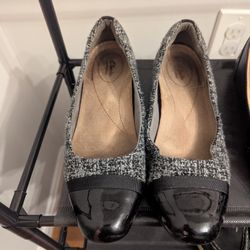 Clarks Black And White Tweed Flats Low Heel Work