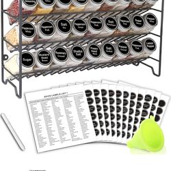 Spice Rack Organizer with 36 Empty Square Spice Jars, 396 Spice Labels with Chalk Marker and Funnel Complete Set, for Countertop, Cabinet or Wall Moun
