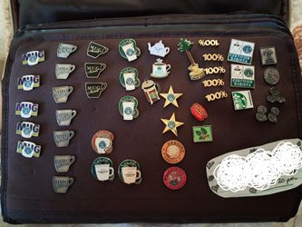 Ultimate Vintage Starbucks Employee Partner Pin Collection Lot - Housed in Hard Rock Cafe Satchel