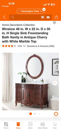 Home Decorators Collection Winslow 48 in. W x 22 in. D x 35 in. H Single Sink Freestanding Bath Vanity in Antique Cherry with White Marble Top