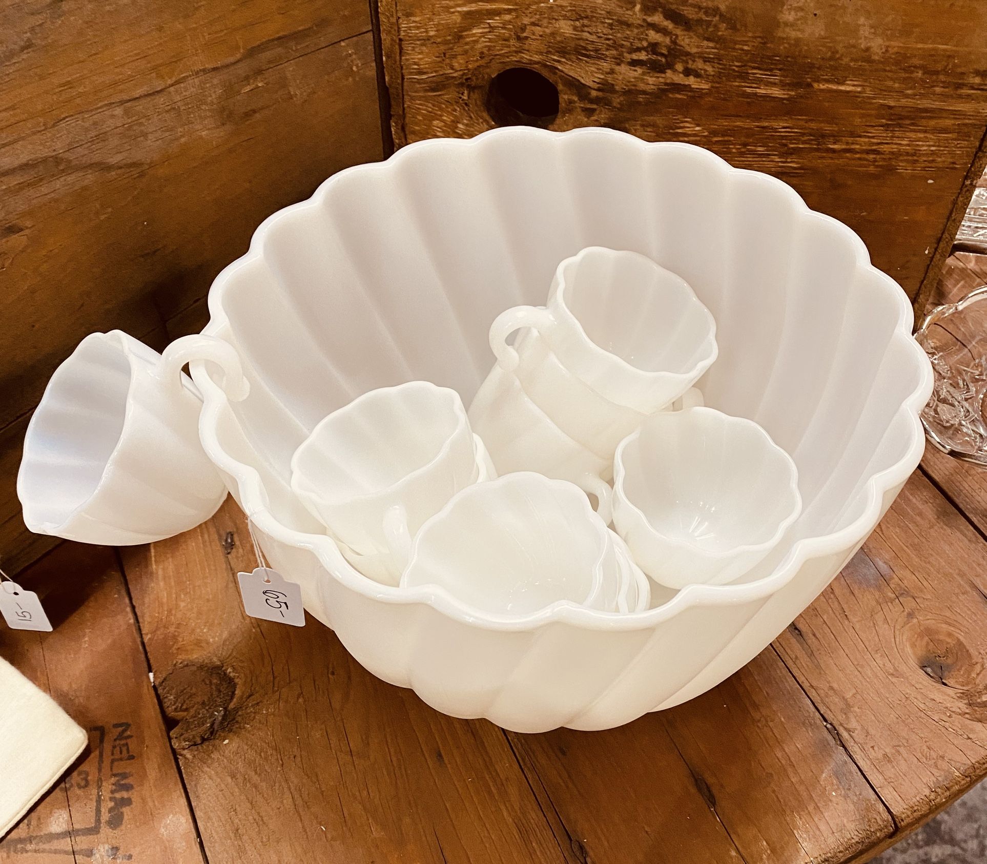Vintage White Milk Glass Punch Bowl and Cups Holiday Serving Ware