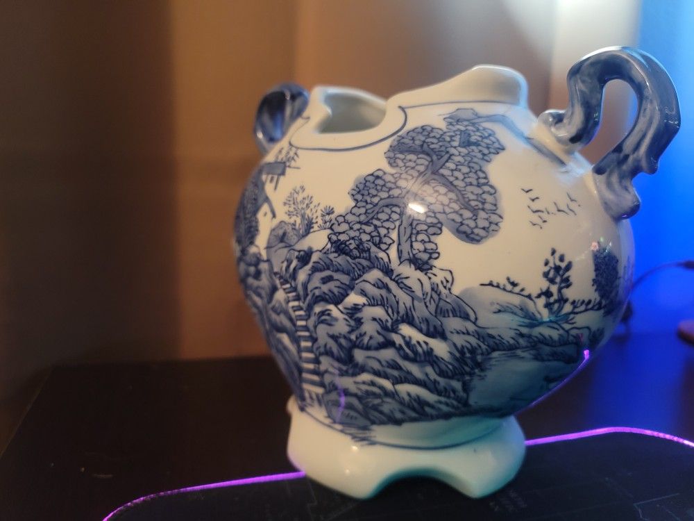 Blue and White squatty handled Vase