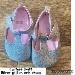 3-6 M Carter’s Velcro, Mary Jane shoes, silver glitter, crib shoes perfect for Christmas