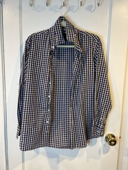Men’s Button-Down Shirt – White & Blue Square Pattern, Size M