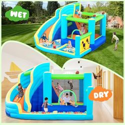 Inflatable Bounce House Water Slide, Bouncer Castle Water Park with Climbing Wall, Jumping and Splash Pool, Indoor Outdoor Bouncy House with B