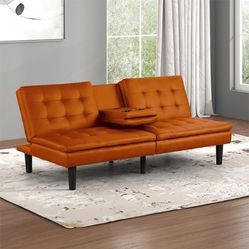 New Orange futon, Sofa Bed Faux Leather 