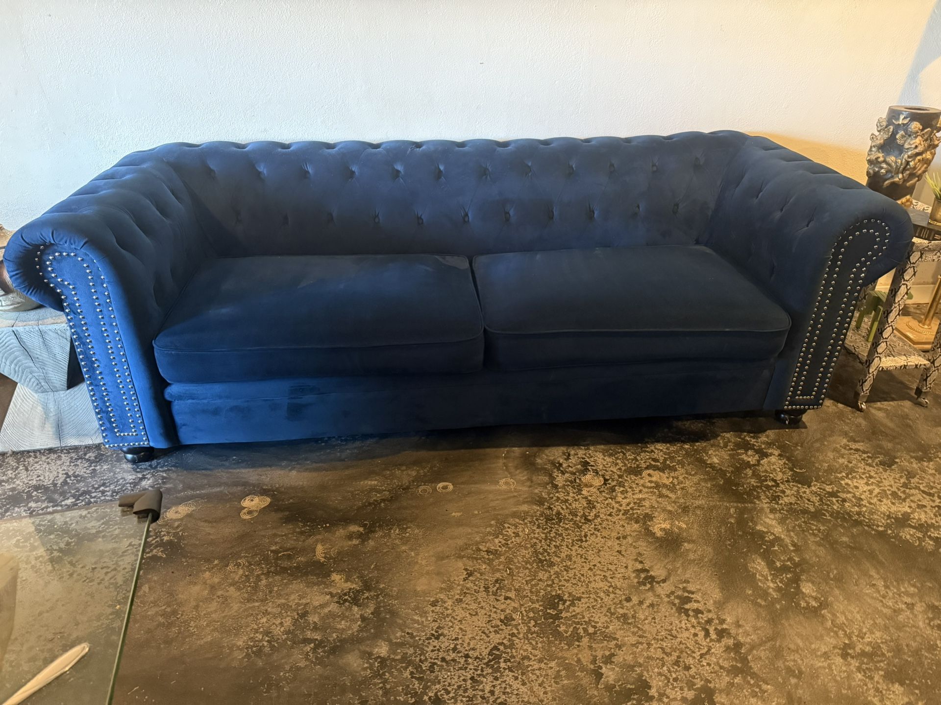 Large 95" Modern Blue Tufted Sofa W/ Silver Nailhead Trim