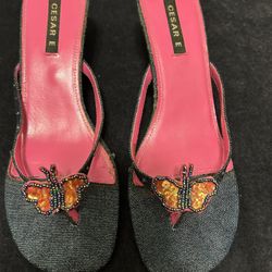 Denim Butterfly Heeled Sandals