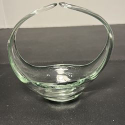 Artisan 1960s Pale Green Sculptural Basket Vase Handblown Glass, 5x5 in