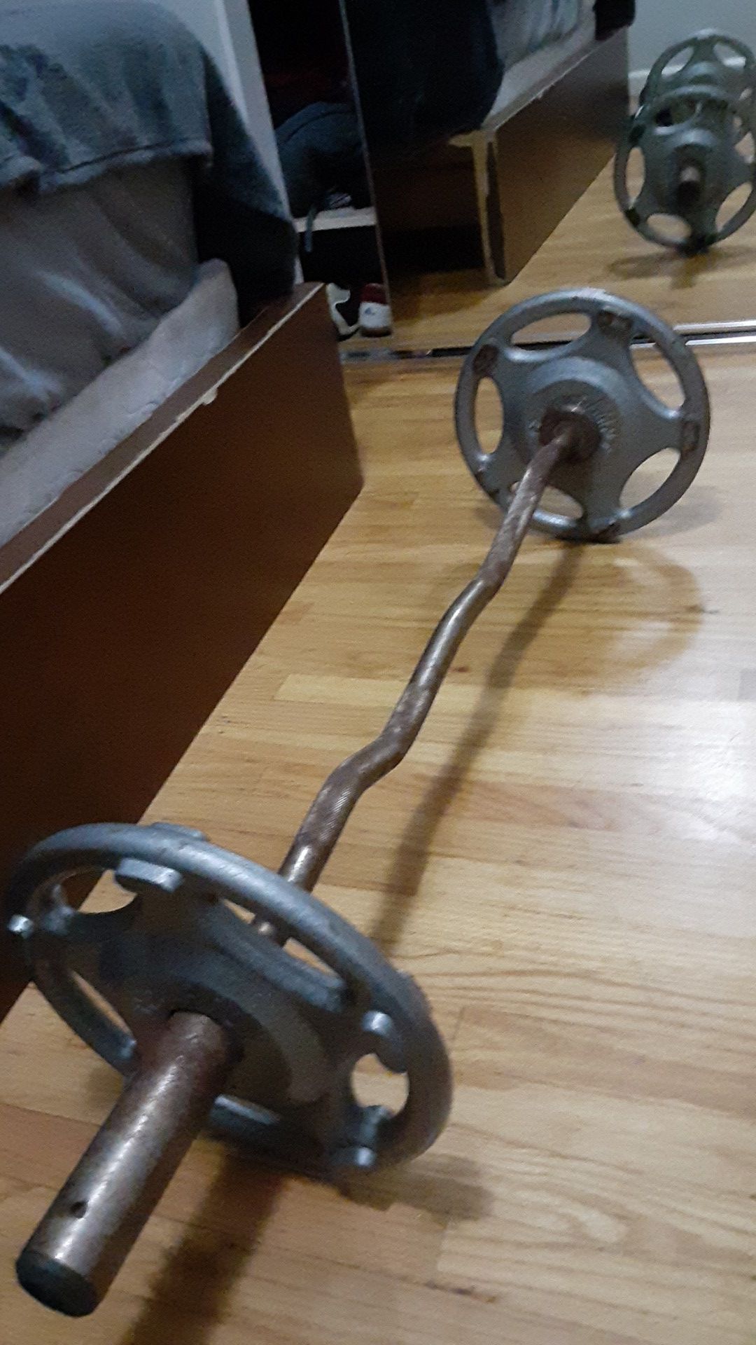 Curl bar and 2 25 lb olimpic barbell plates