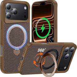 17 Pro Case with 360° Magnetic Stand, Carbon Fiber Phone Case