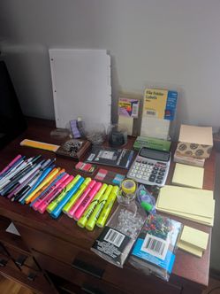 Office supplies
Mini sizes of post-it notes
Over 6,000 Staples
Calculator
Paper clips
Thumbtacks
Highlight tape
Whiteout tape
Bookmarker tabs