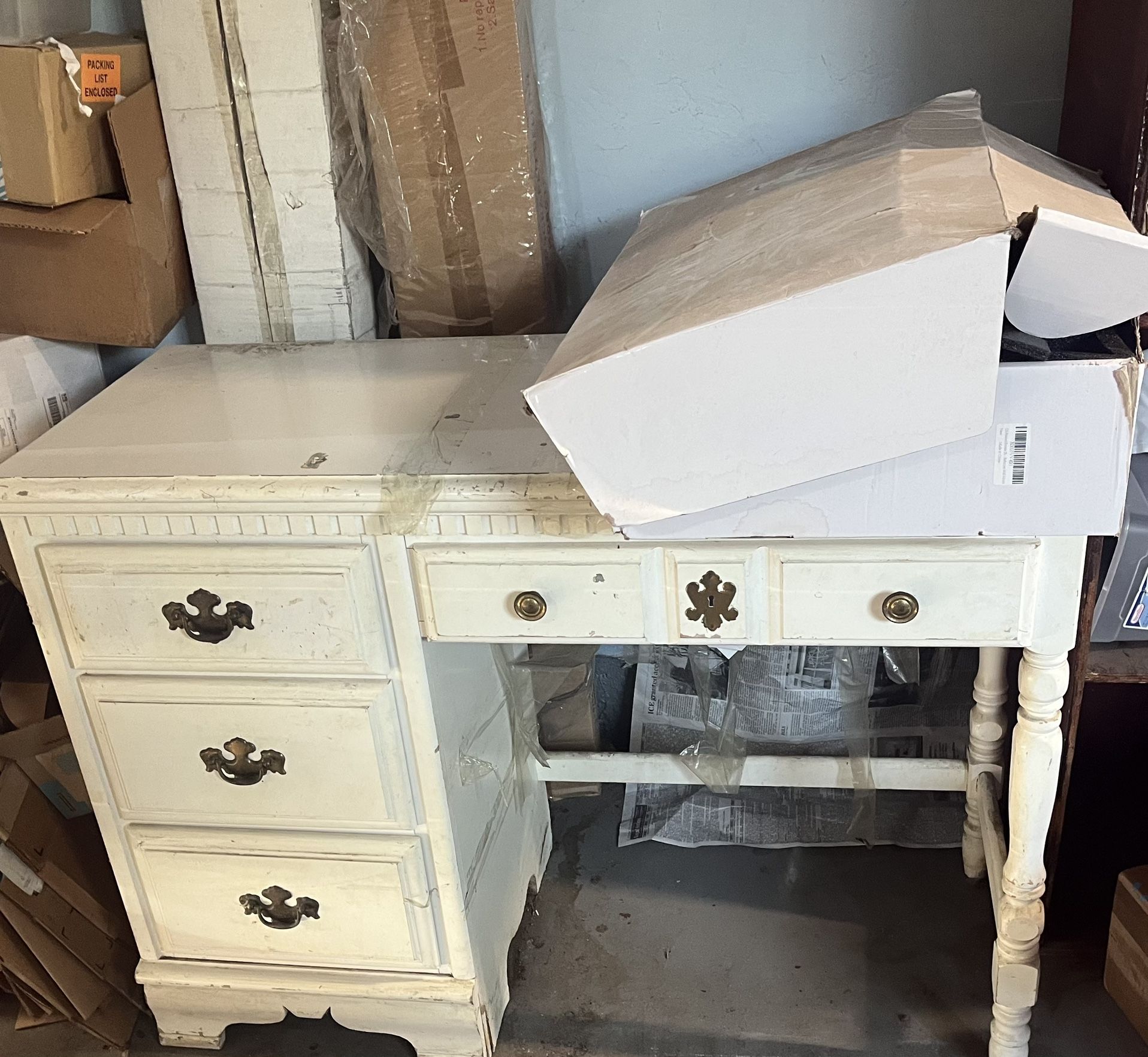 Vintage White Desk With Bronze Handles / Knobs