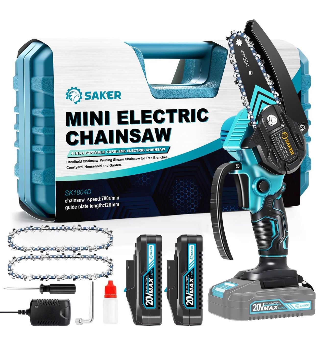 Mini Chainsaw, Cordless 2 Batteries Powered, Handheld, Rechargeable Saw