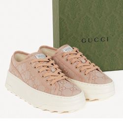 GUCCI TENNIS 1977 GG MONOGRAM PLATFORM SNEAKERS NEUTRAL BLUSH PINK SZ 39.5 NEW!