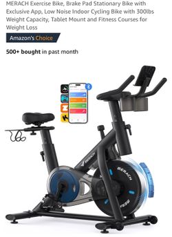 MERACH Exercise Bike, Brake Pad Stationary Bike with Exclusive App, Low Noise Indoor Cycling Bike with 300lbs Weight Capacity, Tablet Mount and Fitnes