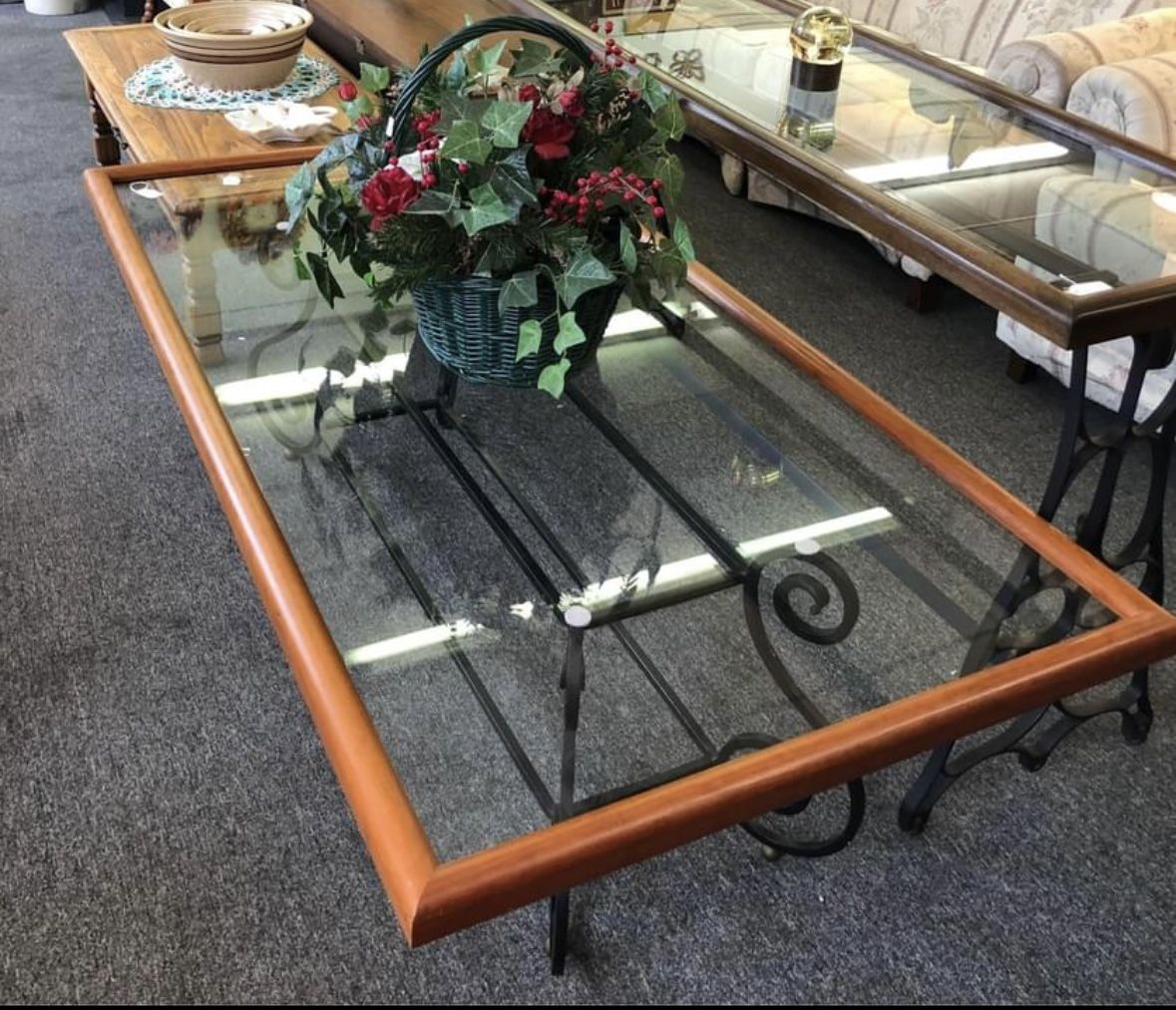 Glass Top Coffee Table With Wrought Iron Base 