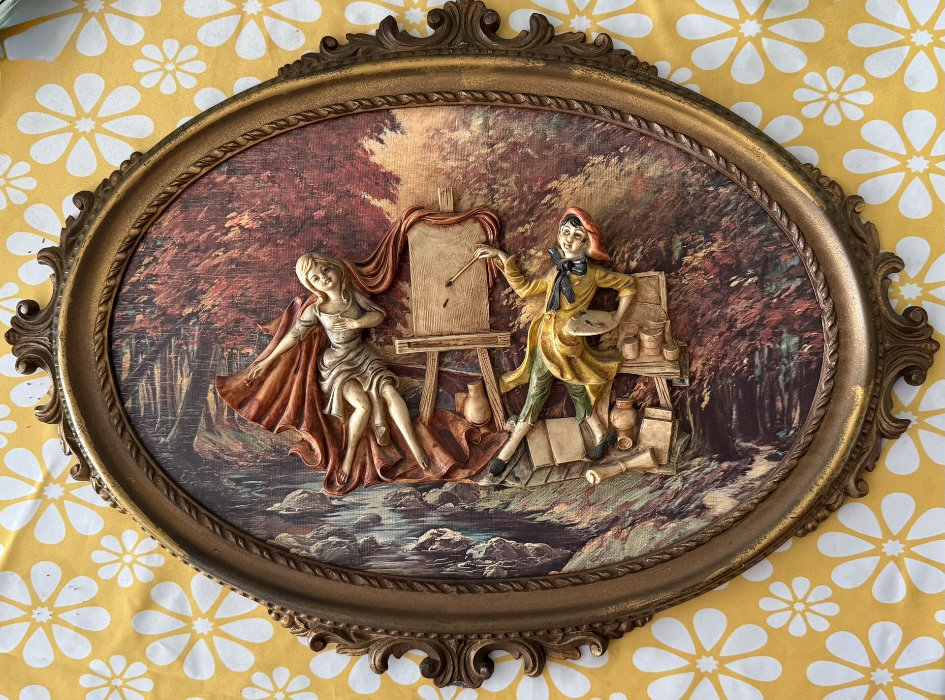 Vintage 3D Empire Figural Art Large Oval Wall Plaque Ornate Frame Italy Painting Scene