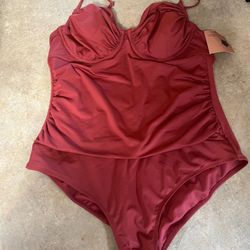 NWT Shade & Shore One Piece Swimsuit Underwire Ruched Rust Red Size XL