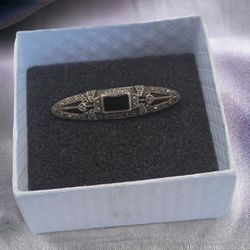 Sterling Silver Marcasite and Onyx Bar Pin 1 3/4", 