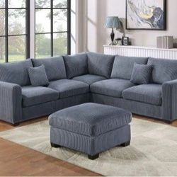 ✅️✅️ 4pc  grey corduroy fabric upholstered sectional sofa with ottoman ✅️✅️