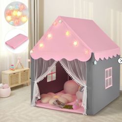 Kids Playhouse Tent Large Castle Fairy Tent Gift w/Star Lights Mat