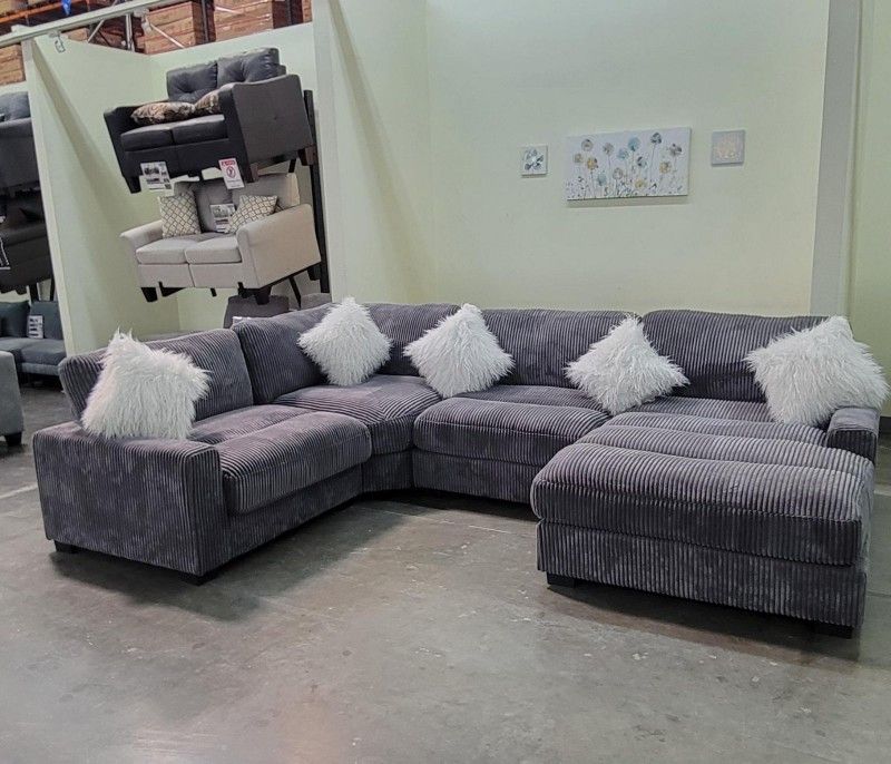 ✅️4 pc grey wide welt cordury fabric upholstered modular sectional sofa with chaise
