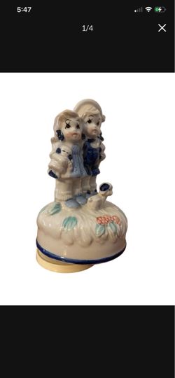 Vintage 70s Musical Figurine Made In Taiwan - Boy, Girl Holding Doll, & Dog