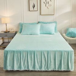   Luxury Velvet Diamond Quilted Fitted 18 inch Drop Dust Ruffle Bed Skirt with Pompoms Fringe -King- mint