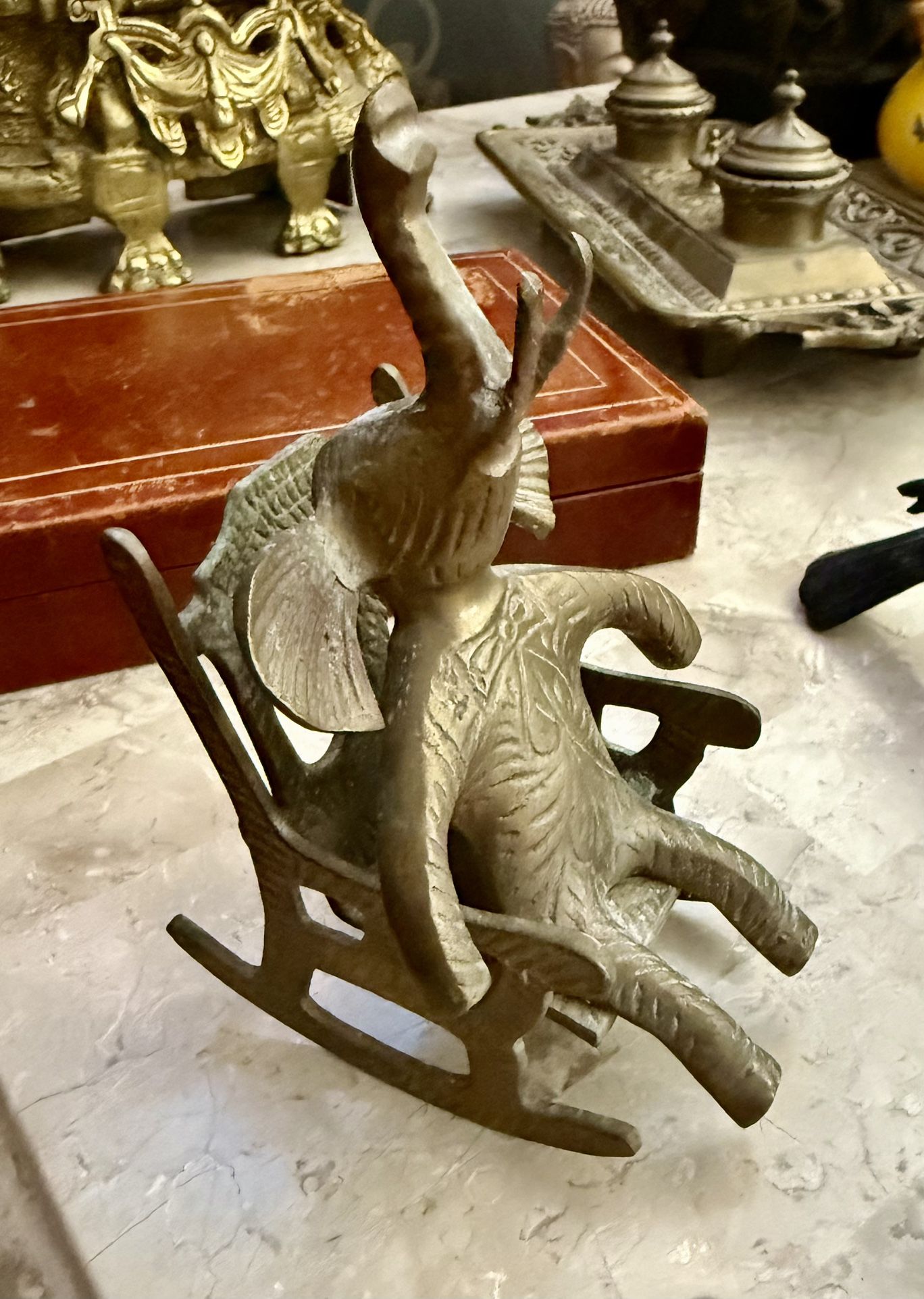 Antique 1920s Solid Brass 6.5” Elephant in a Rocking Chair