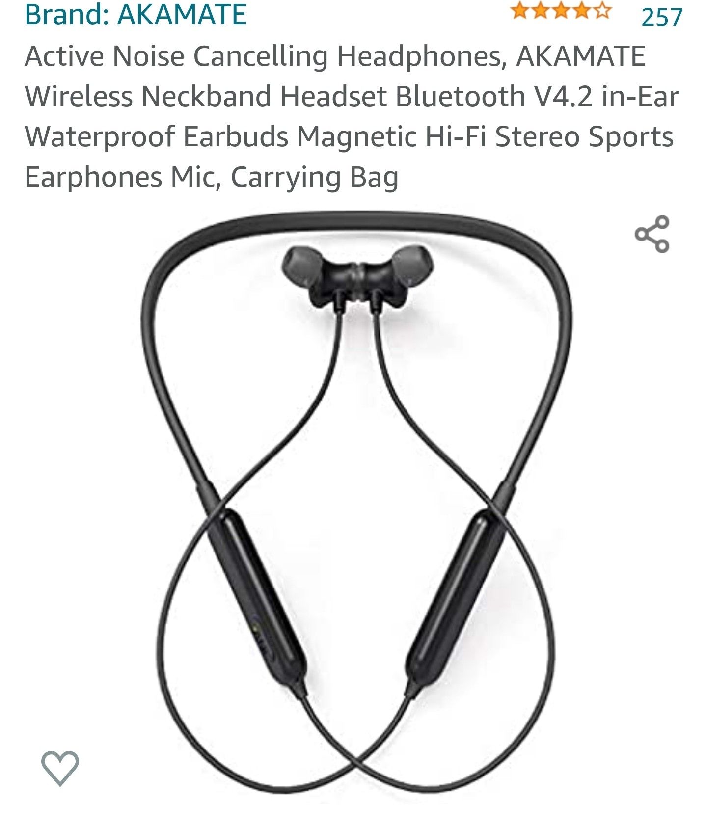Active Noise Cancelling Headphones, AKAMATE Wireless Neckband Headset Bluetooth V4.2 in-Ear Waterproof Earbuds Magnetic Hi-Fi Stereo Sports