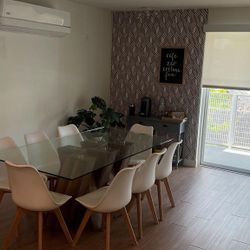 Glass Dining Table Set for 6,Rectangle Dinner Table with 6 White Leather.