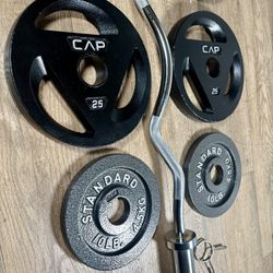 Olympic Equipment: Silver Curl Bar With Cooper Bearings & Weight Plates Pairs Of  35s, 25s And 10 Pounds   (Total: 160 lbs)