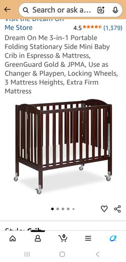 Dream On Me 3-in-1 Portable Folding Stationary Side Mini Baby Crib and Memory Foam Mattress