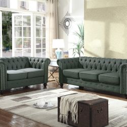 Brand New Green Or Biege Tufted Fabric Sofa + Loveseat 2PCs Set