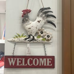 Welcome Sign with Stressed White Rooster and Flowers 12”W x 15”H