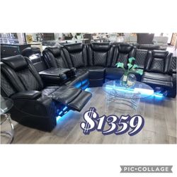 Black Breathing Leather 3-Piece Living Room Recliner Sofa