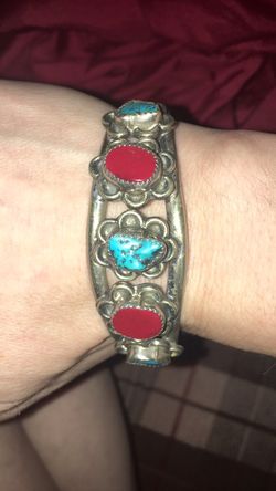 Large Silver Bracelet Cuff With Coral And Turquoise nugget stones