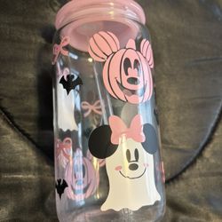 Disney Halloween 12 oz Glass Tumbler with Straw - Pink Mickey Pumpkin, Ghost & Minnie Bow