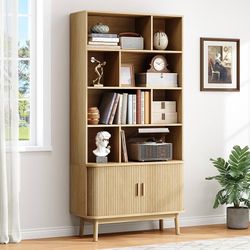 71" Tall 8-Cube Storage Bookshelf, 35.4" Wide Mid-Century Modern Bookcase with Sliding Door Storage Cabinet, Freestanding Bookshelf with Solid Wood Fe