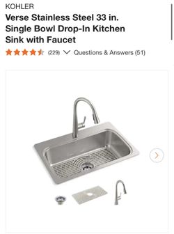 KOHLER Verse Stainless Steel 33 in. Single Bowl Drop-In Kitchen Sink with Faucet