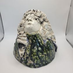 Vintage 1976 Signed M Sundry Raku Pottery Sculpture Abstract Face Green Glaze 6"