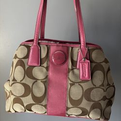 Coach Nice And Pretty Khaki Pink Signature Stripe Handbag And Matching Wallet