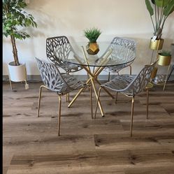 Gray Gold Dining Chairs and Table Set For 4 