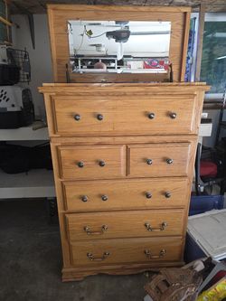 Solid oak tall chest of drawers with flip up vanity