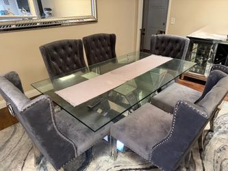 Glass Top Dining Table with 6 Velvet Chairs