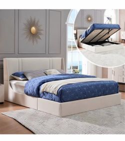 King Size Lift Up Storage Bed, Modern Wingback Headboard, Hydraulic Support,Platform Bed Frame-white